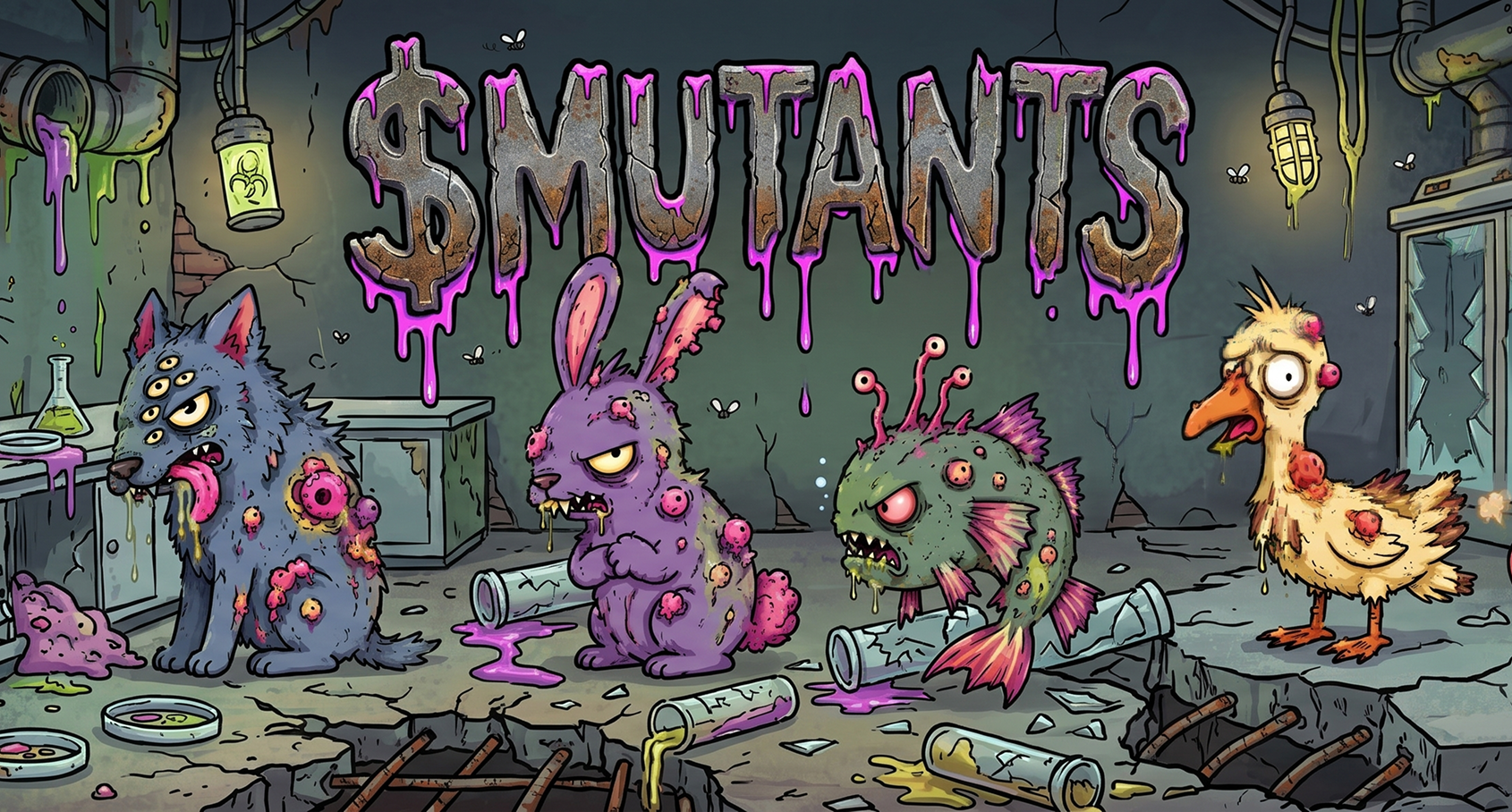 $MUTANTS — abandoned biolab with mutated wolf, bunny, fish and duck under dripping pink title