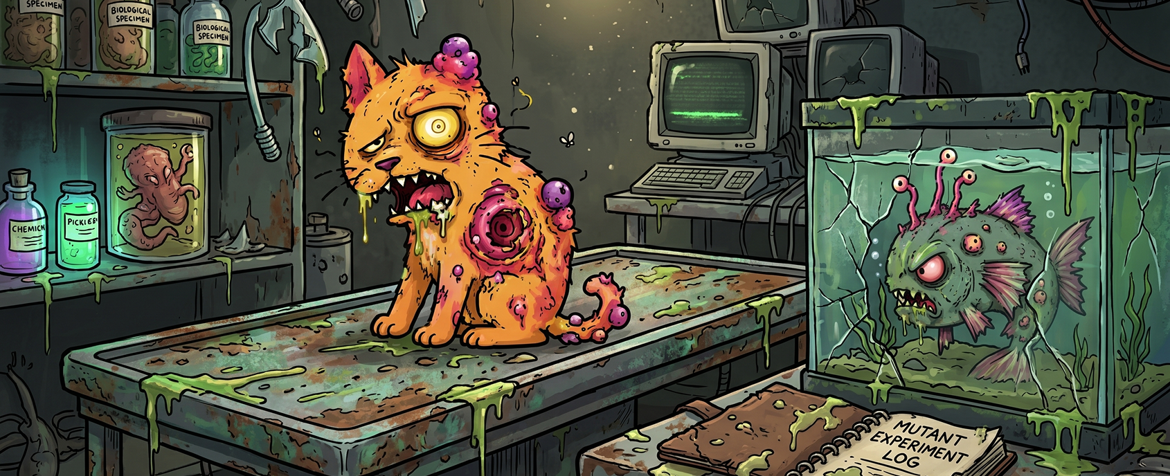 Mutated cat on a chemical-stained lab table surrounded by specimen jars and a deep-sea fish in a cracked aquarium